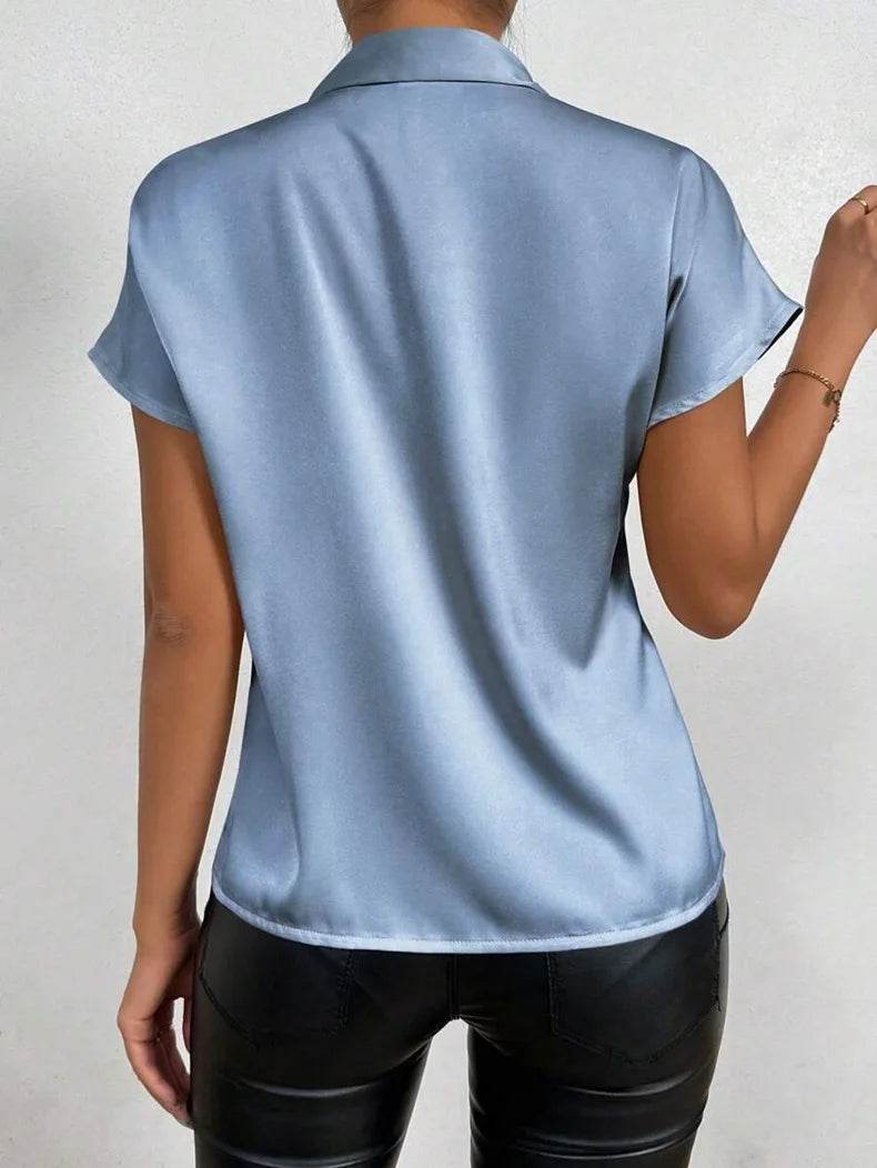Women Shirt Fashion Bow Satin T-shirt Female Short Sleeve Solid Color All-match Pullover Tee Women's Temperament Summer Tops - AIAZ