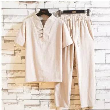 men's casual shirts (Shirt + trousers) 2025 summer men shirt Man Cotton and linen shirts Short sleeve men A set of clothes M-5XL - AIAZ