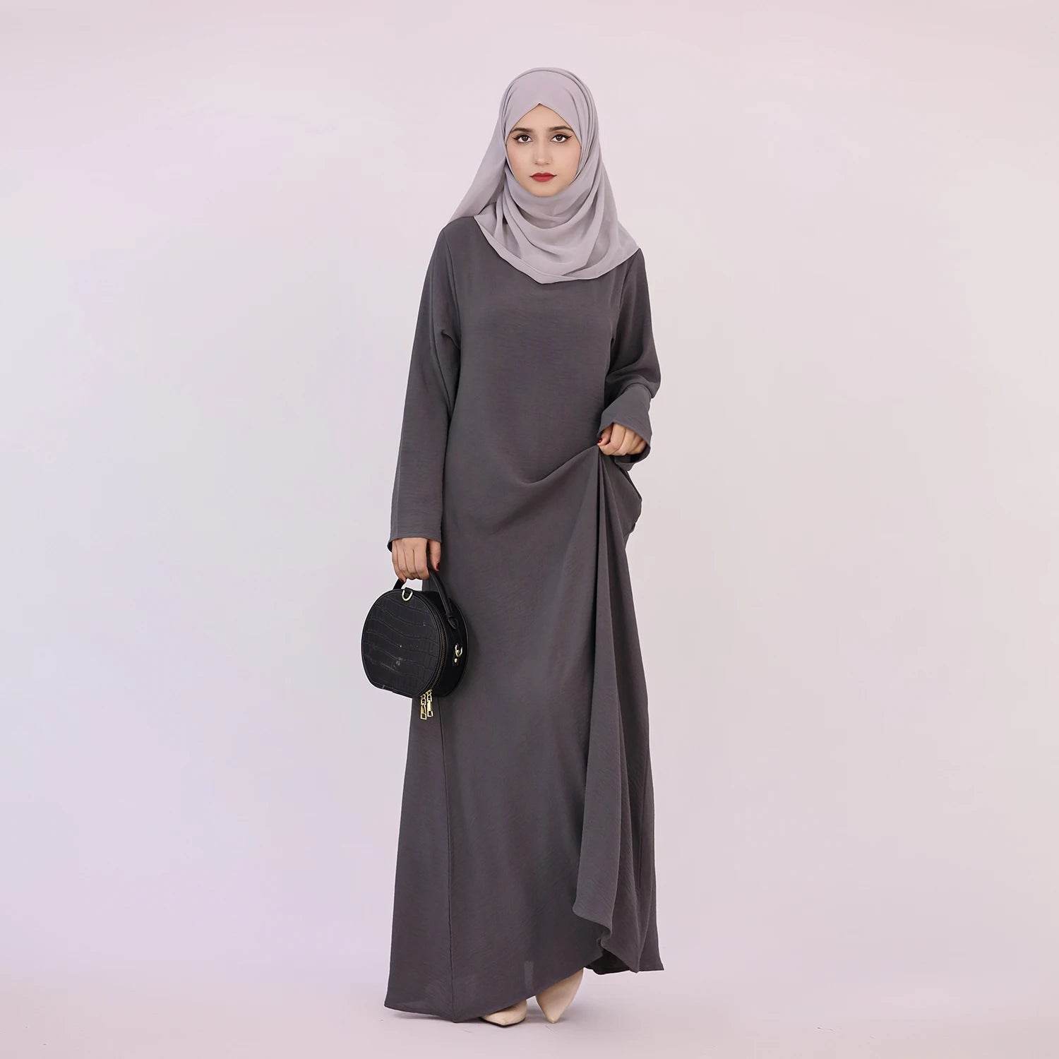 2025 Fashion Simple Muslim Dress Solid Abaya Arab Turkey Dubai Kaftan Modest Long Sleeve Maxi Dress Islamic Clothing LR593 - AIAZ