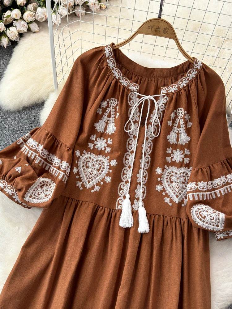 Women's Spring Summer Dress Bohemian Retro Ethnic Style Diamond Cotton Linen Blend Embroidered Lantern Sleeves Mini Dress A20 - AIAZ