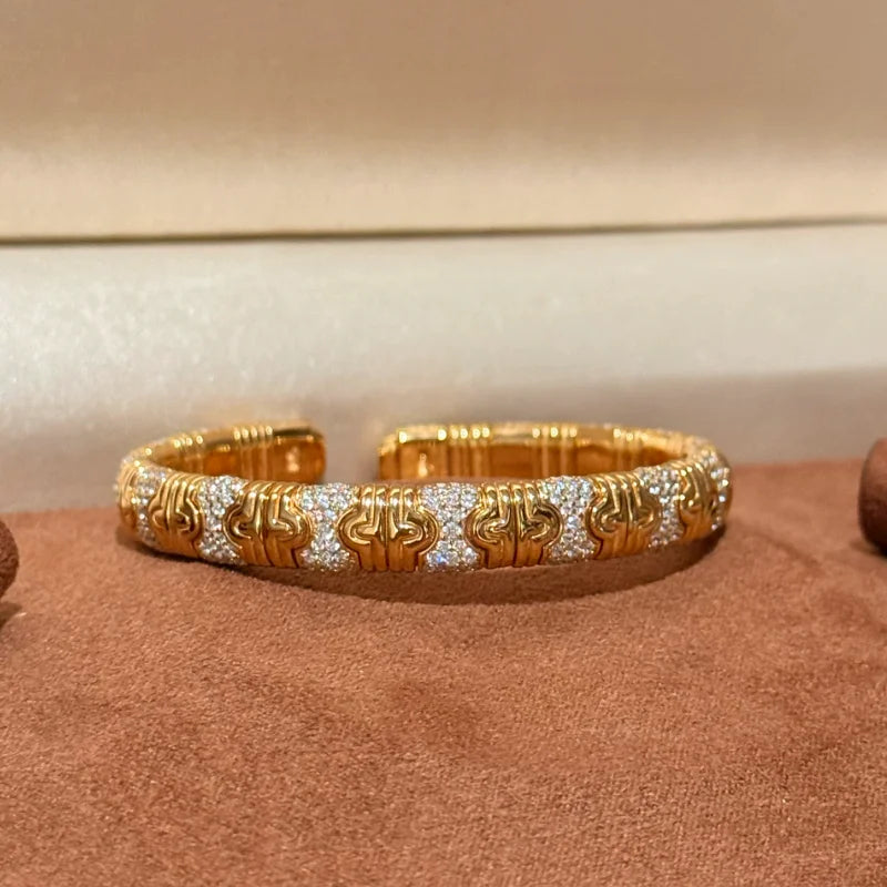 BELLUX Vintage Luxury Bracelet 925 Silver Gold Plated Full Diamond Distinctive Snake Open Bangle Unisex Jewelry