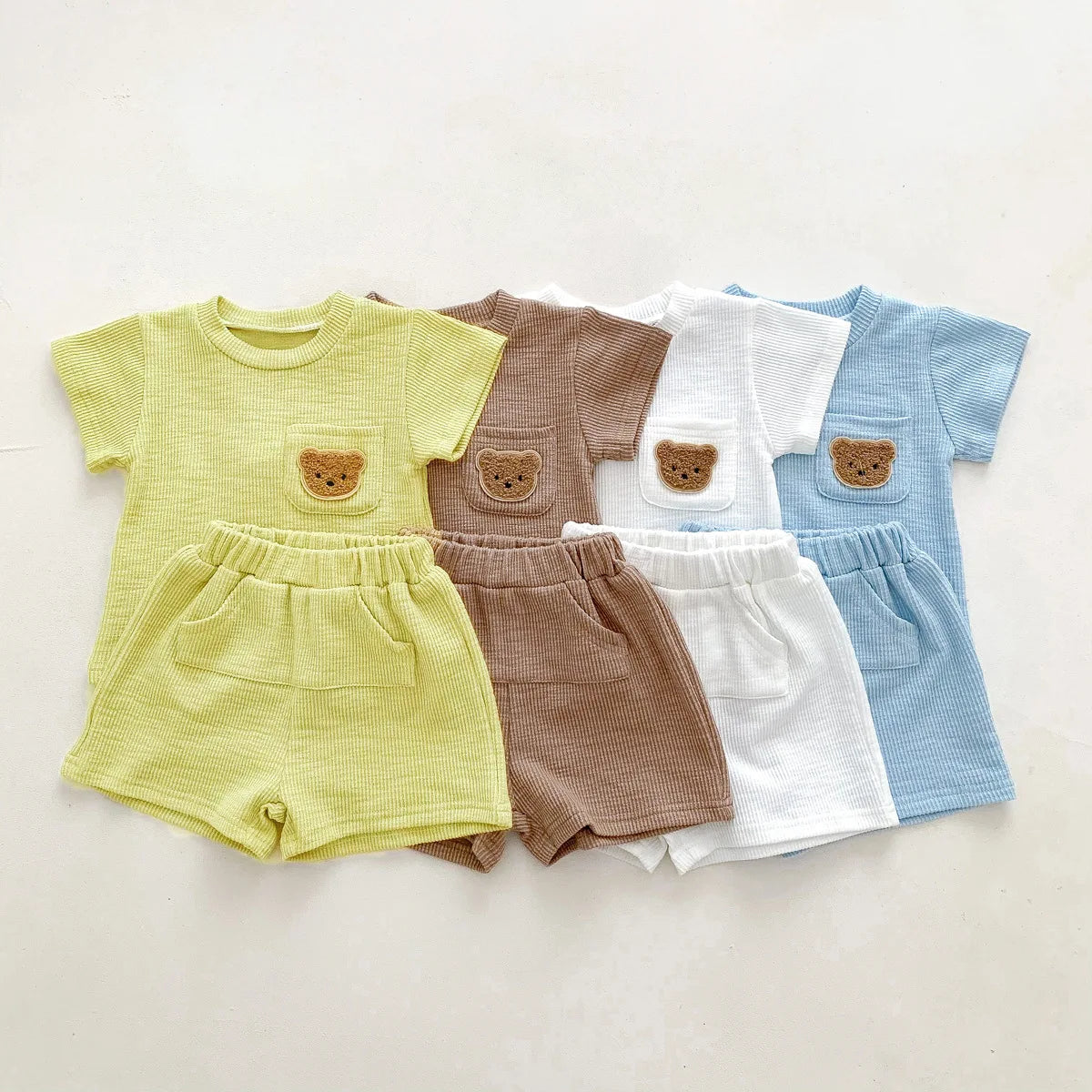 Solid Color Tracksuits Children Fashion Casual Short Sleeve Tops Shorts Summer Boys Girls Clothing Cute Little Bear Simple 2pcs