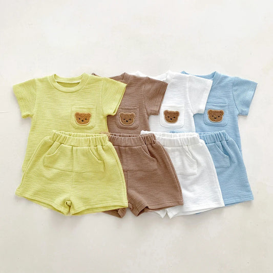 Solid Color Tracksuits Children Fashion Casual Short Sleeve Tops Shorts Summer Boys Girls Clothing Cute Little Bear Simple 2pcs