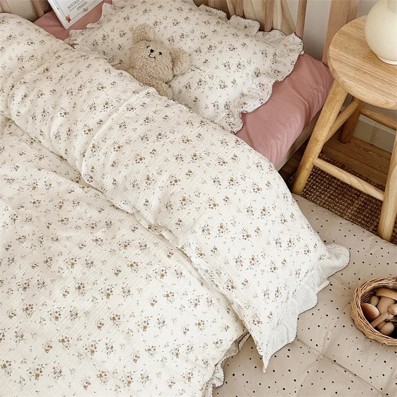 3pcs Bedding Set Vintage Floral Muslin Cotton Baby Children Crib Bed Linen Duvet Cover Sheet Pillowcase Without Filler