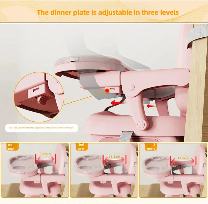 Foldable Baby Dining Chair - Adjustable Height Portable Highchair with Anti-Slip Base & Safety Harness for Home/Restaurant Use