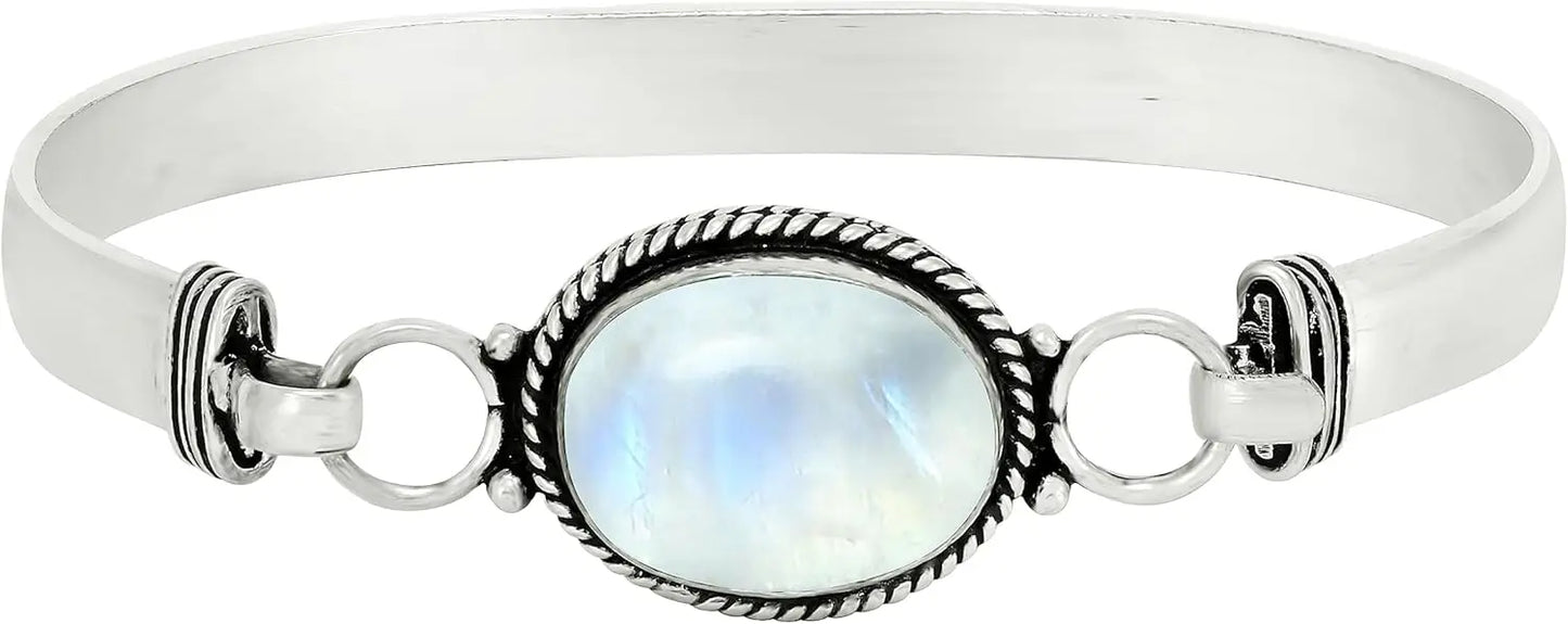 Vintage 925 Silver Natural Oval Moonstone Bangle Bracelets Handmade Birthstone Bangle Gifts Fine Jewelry for Women Men