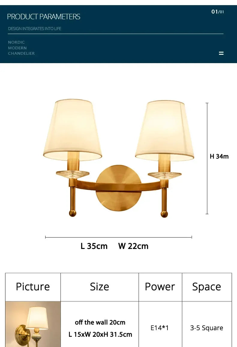 European Style Copper Led Color Wall Lamp Bedroom Bedside Living Room TV Background  Light Simple Hotel Villa Decor Lighting