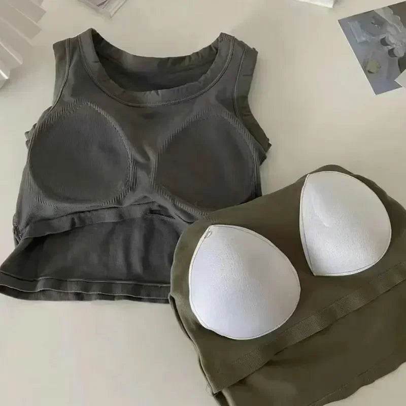 Women Crop Tops Sexy Solid Camisole One-piece Tube Top Seamless Sports Tank Top Wireless Underwear Padded Bra Bralette Vest - AIAZ