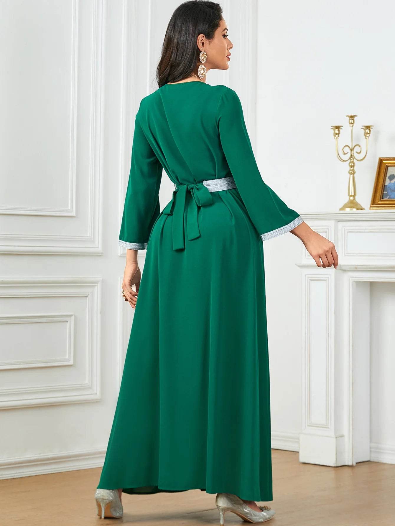 Muslim Fashion Beading Ebroidered Print V-neck long-sleeved Dress Moroccan Islamic Dress With Belt Elegant Party Dress - AIAZ