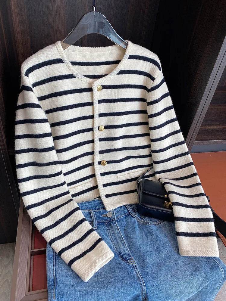 Women Stripe Knitted Cardigans Spring Autumn O-neck Single Breasted Long Sleeve Crop Tops Fashion Casual Chic Female Sweaters - AIAZ