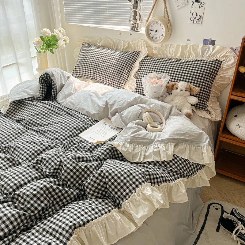 Korean Princess Style Bedding Set Soft Skin-friendly Lattice Lace Ruffles Quilt Cover Plaid Style Duvet Covers Set Pillowcases