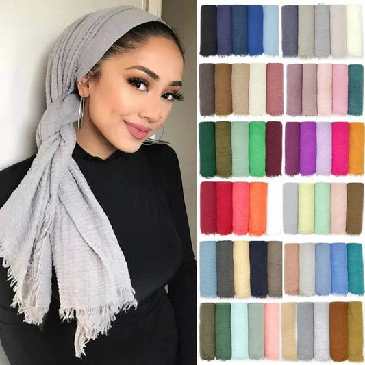 Muslim Hijab For Women Crinkle Hijab Scarf Soft Cotton Solid Color Islamic Bandana Eid Muslim Turban - AIAZ