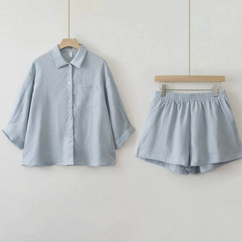 Women 2025 Summer Casual Linen Blouse Shorts Sets - AIAZ