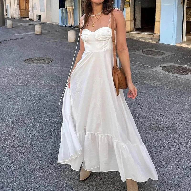 White Long Dresses For Women Ruffle Slip Corset Dress Woman Fashion Sleeveless Backless Summer Sexy Holiday Party Dresses - AIAZ