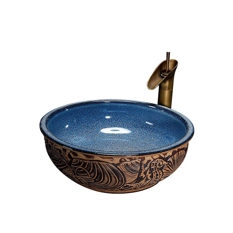ZAPPO Round Vessel Sink with Faucet Drain JinDezhen Ceramic Vessel Sinks Oval Bathroom Sink Bowl Above Counter with Mixer Tap