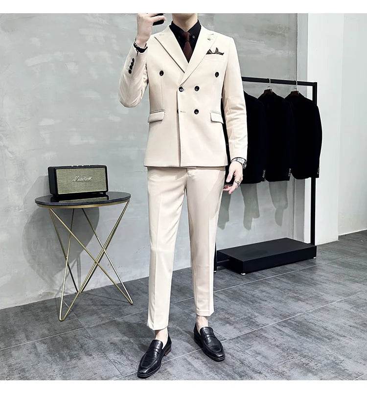 Jackets + Pants / Groom's Wedding Dress Best Fashion Mans Double -breasted Suit Blazer Trousers Male Formal Business Office Suit - AIAZ