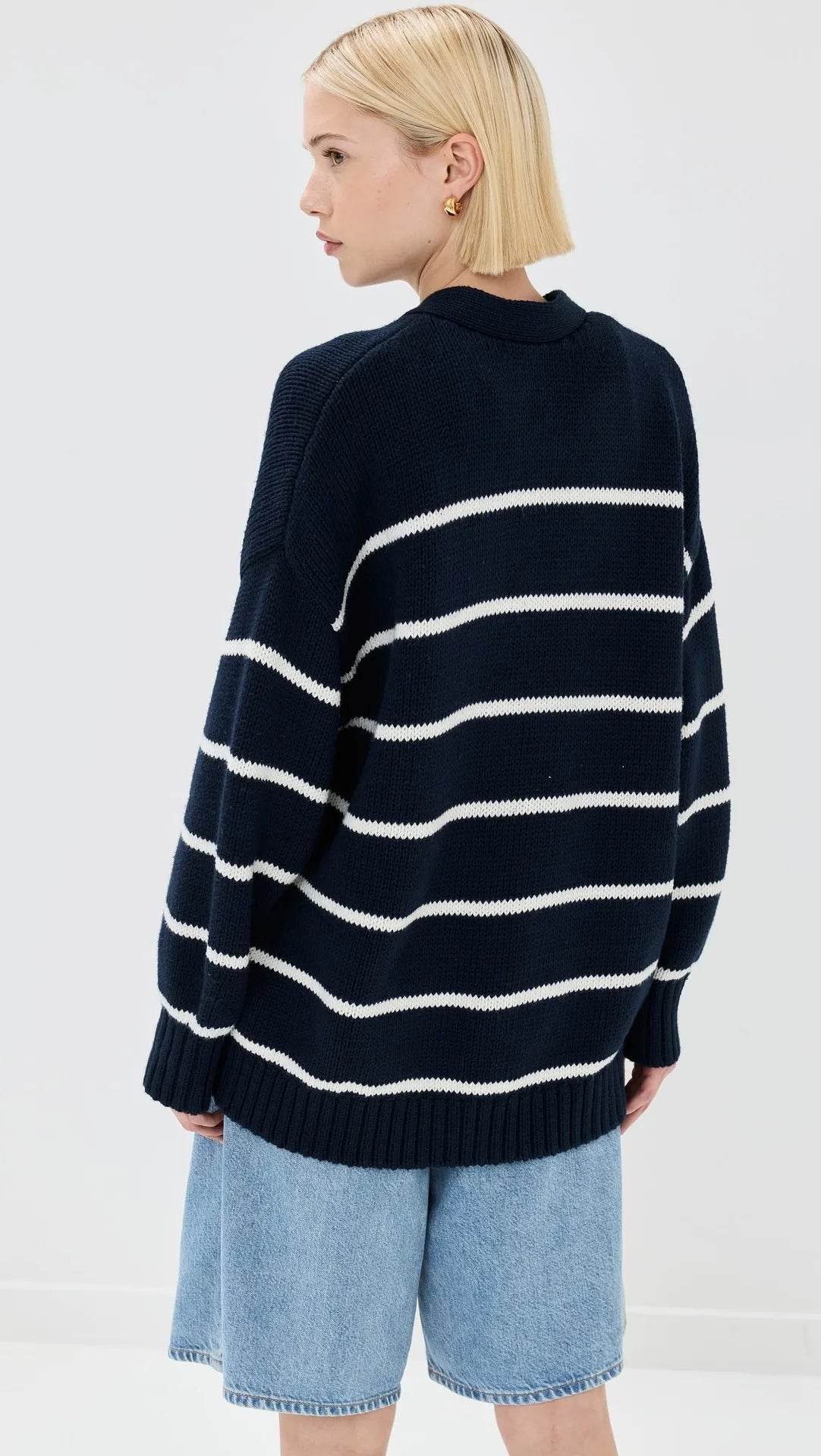 Casual Stripe Knitted Cardigan For Women 2025 Autumn Winter Single Breasted V-Neck Sweater Female Loose Coat - AIAZ