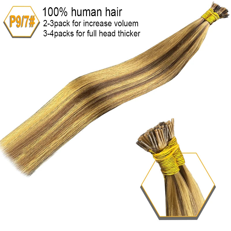 100% Human Hair Straight I Tip Hair Extensions Natural Real Human Fusion Hair Extensions Keratin Capsule Brown 613 Blonde Color