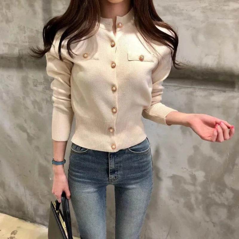 Women's Cardigan Sweater Decorative Pocket Button Solid Color Knitted Single-Breasted Jacket Women's Clothing - AIAZ