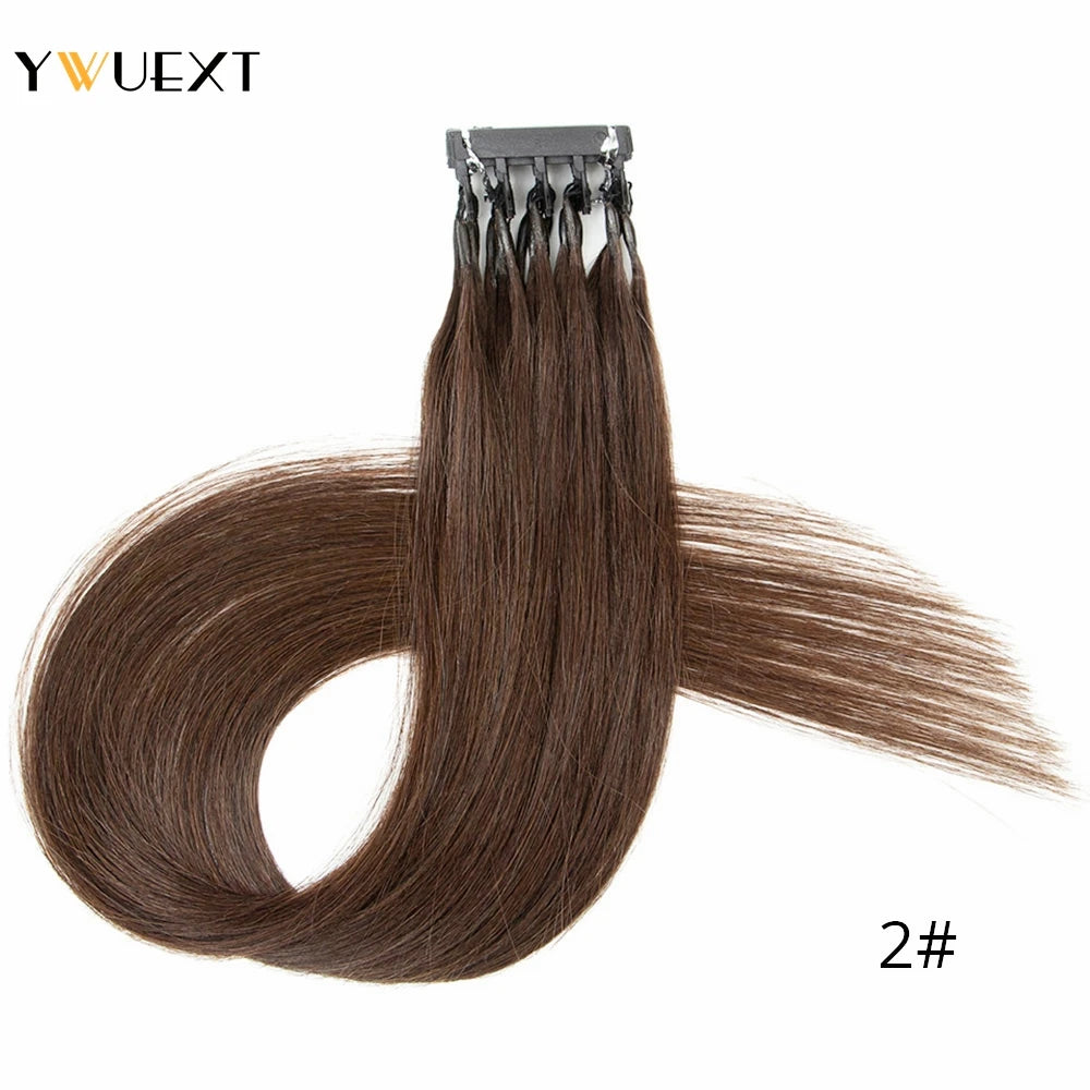 YWUEXT Dark Brown 2# 6D Hair Extensions Straight 16"-24" Machine Remy Human Hair Micro Rings 5 pins 6D 2 Hair