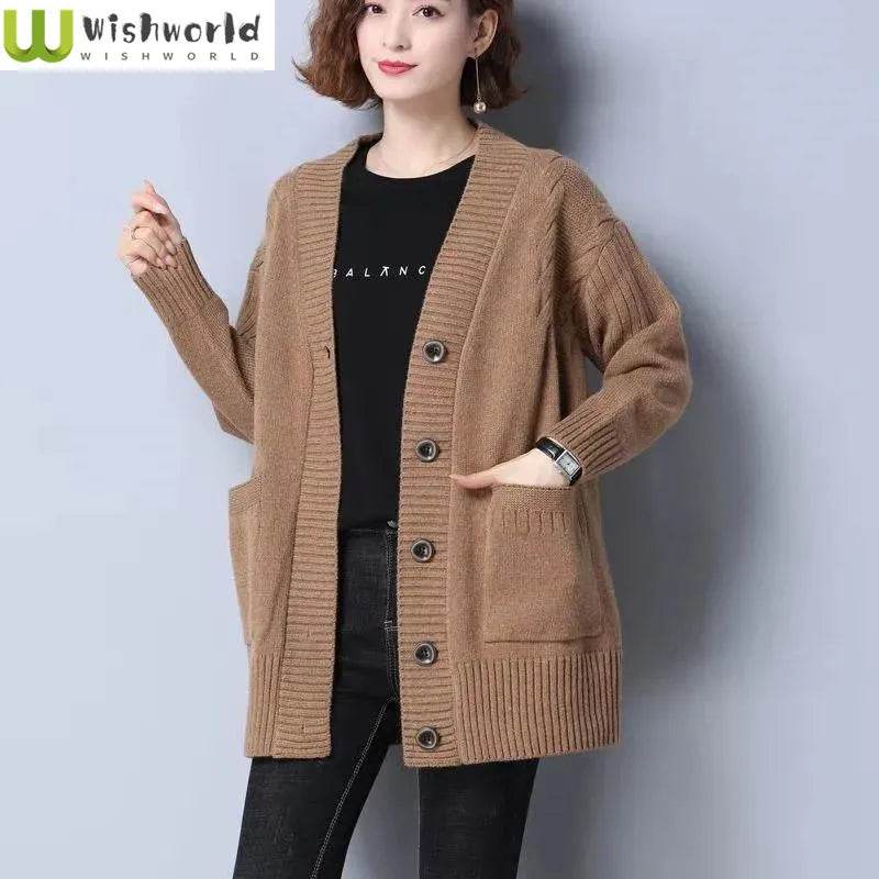 Knitted cardigan women's mid length westernized top autumn and winter new Korean version loose sweater age reducing jacket women - AIAZ