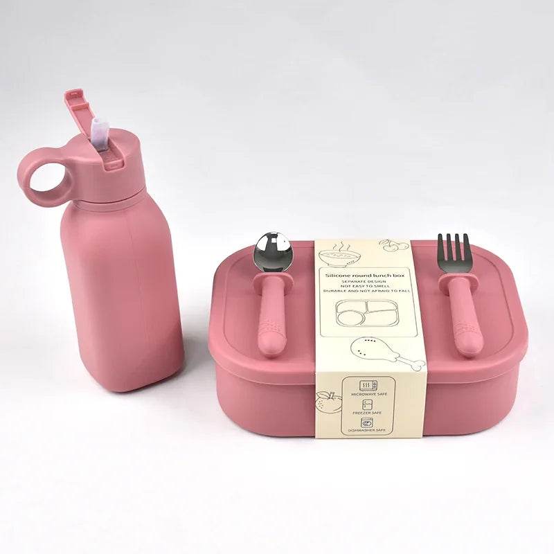 4PC/Set Silicone Bento Box Straw Water Bottle Leak-Proof Lunch Container Fork Spoon With Packaging Card BPA-Free Dishwasher Safe - AIAZ