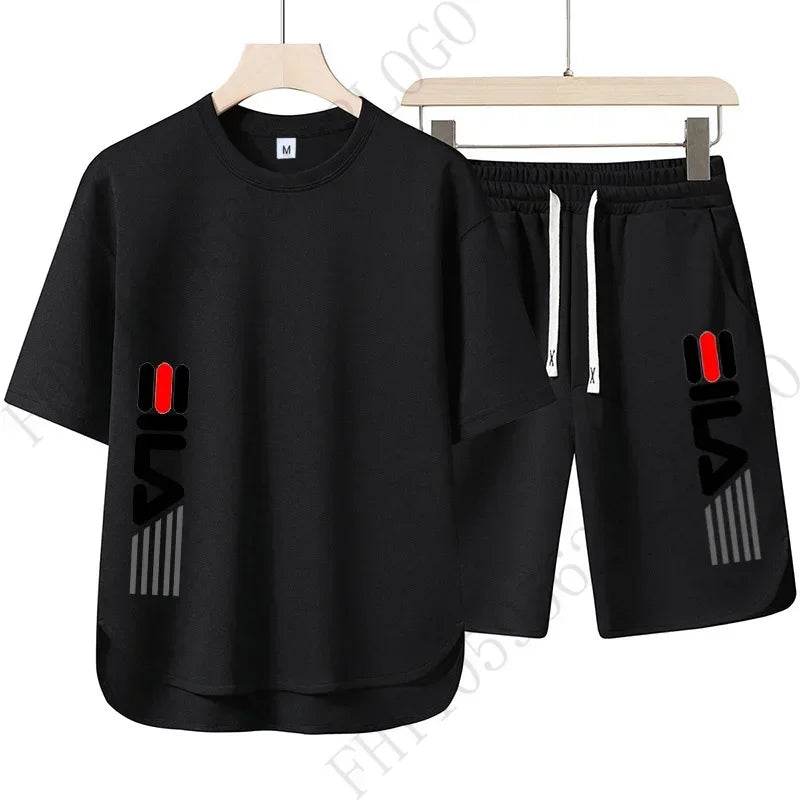 New 2025 summer men's casual round-neck T-shirt and shorts two-piece fashionable printed breathable men's short-sleeved suit - AIAZ