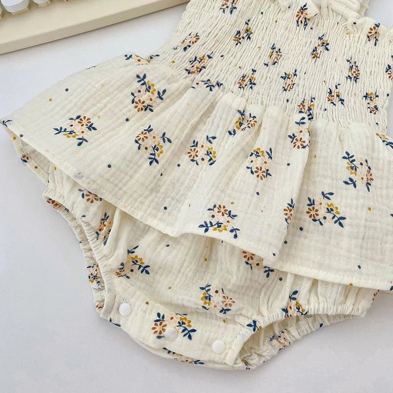2PCS Summer Linen Floral Infant Newborn Baby Girls Bodysuit Active Floral Babe Camisole One Piece Tutu Dress With Hat Set