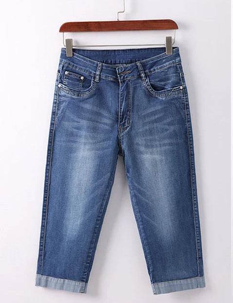 Woman's Jeans Black Denim Pants Ladies Cropped Trousers Skinny Knee Length Jeans Women Elastic High Waist Mom Jeans Oversize - AIAZ