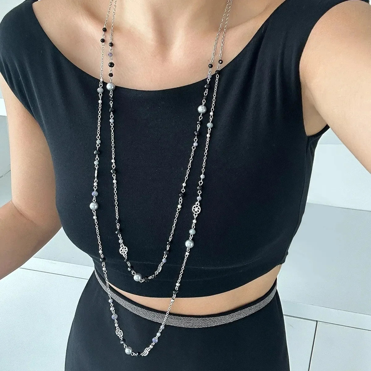 2Pcs/Set Hot Sale Temperament Imitation Pearl Long Chain Necklace for Women Fashion Statement Goth Sweather Link Neck Jewelry