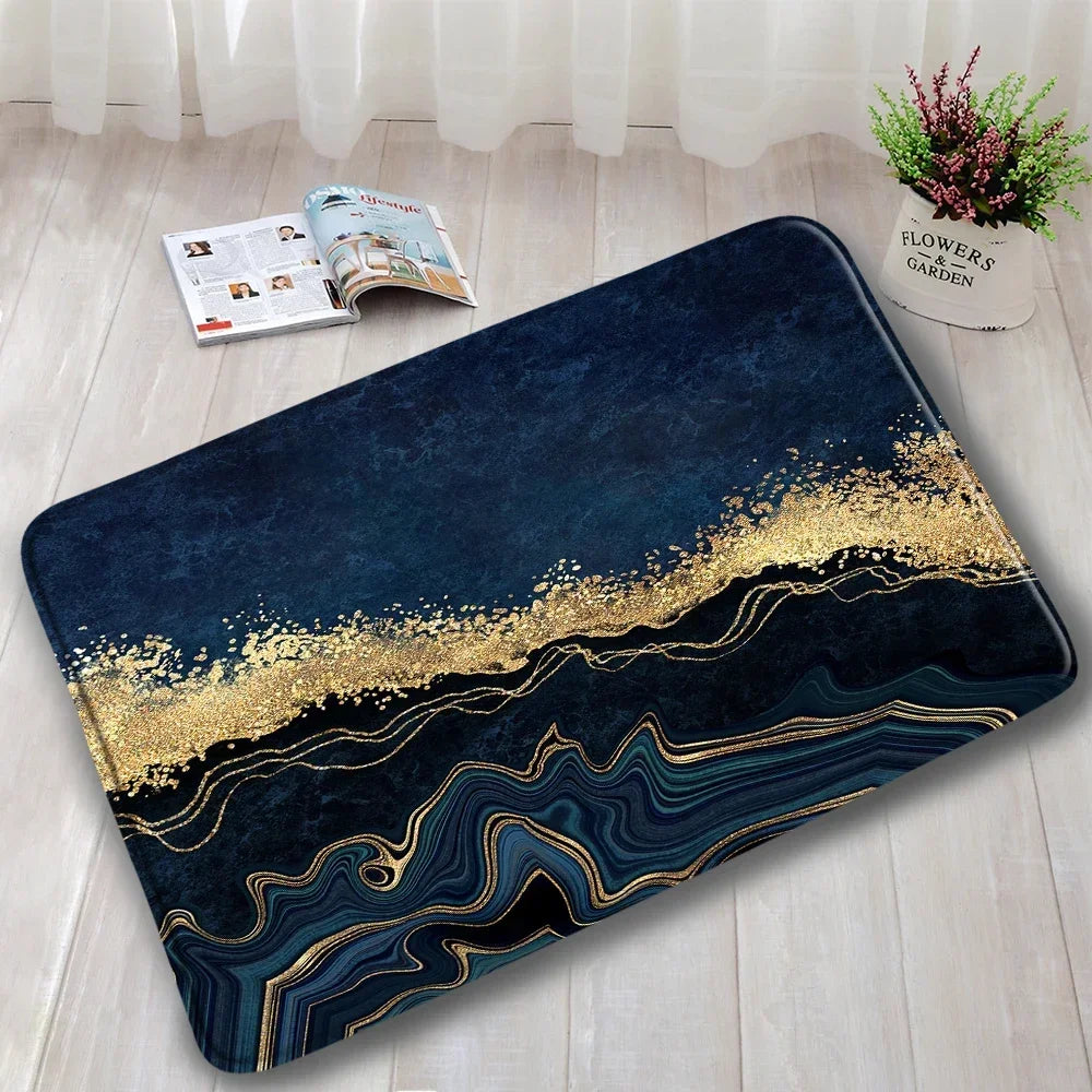 Abstract Marble Bath Mat Sets Modern Geometric Gold Lines Blue Texture Pattern Bathroom Decor Carpet Non-Slip Rugs Toilet Cover