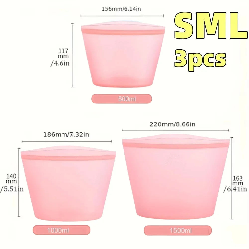 1/3pcs Silicone Food Containers Reusable Storage Bags Leakproof Ziplock Bag Set for Fridge Freezer Fresh-Keeping Kitchen Organiz