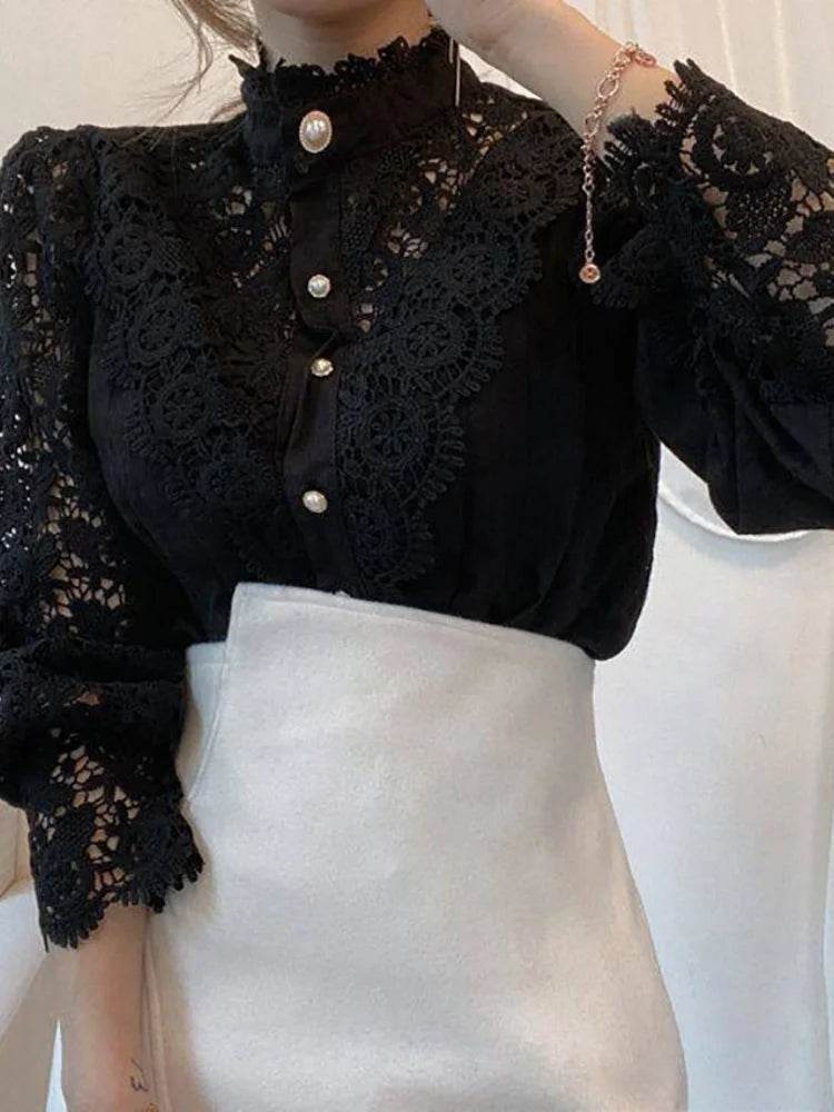 Women's Summer Lace Shirt Button White Top Fashionable Casual Top for Spring Autumn4107 - AIAZ