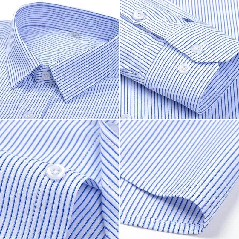 Men Formal Shirt Long Sleeve Office Solid Color Striped Anti-Wrinkle Fashion Business Pocket White Social Pocket Shirt S-4XL - AIAZ