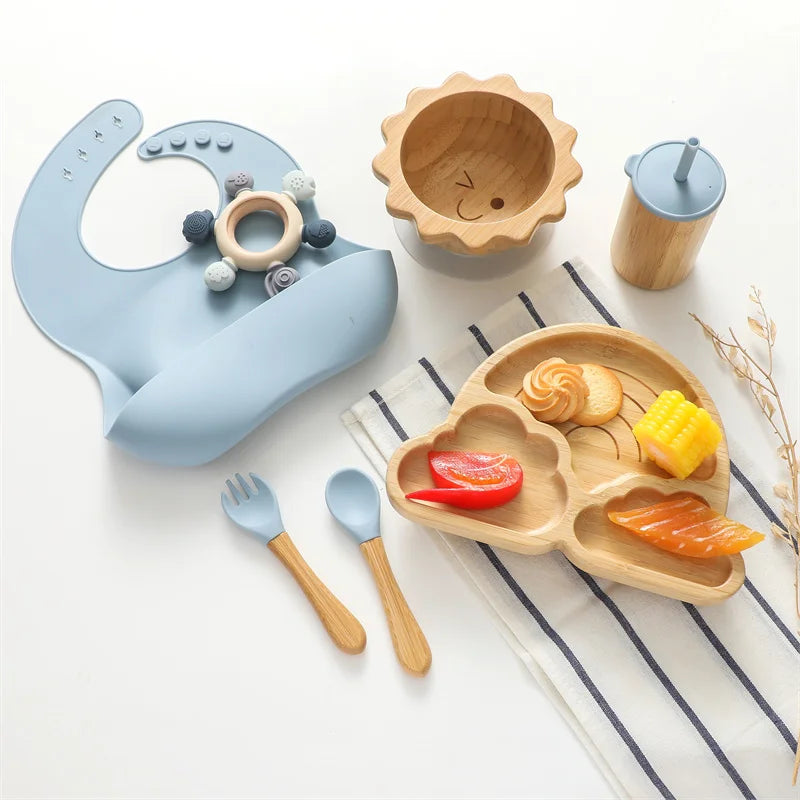 7pcs Silicone Baby Feeding Set Baby Feeding Supplies Kids Bamboo Dinnerware With Cup Children's Dishes Bowl Stuff Tableware Gift