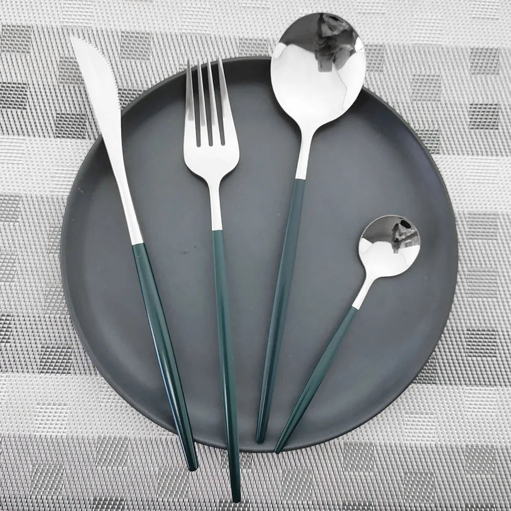 24Pcs Stainless Steel Dinnerware Set Kitchen Fork Spoon Knife Dinner Cutlery Set White Silver Western Flatware Tableware Set