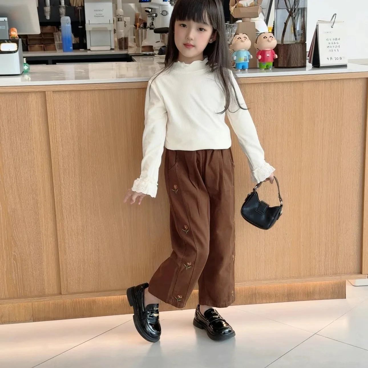 2025 Autumn Children Casual Pants 2-6T Girls Flower Embroidery Cotton Trousers Kids Baby