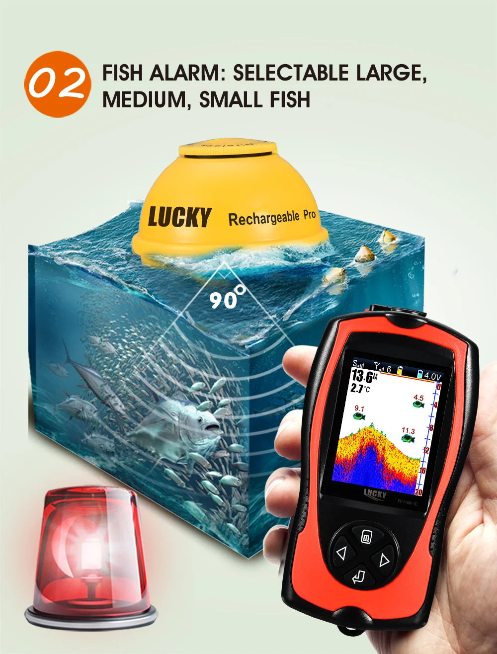 Lucky Sonar Fish Finder FF1108-1CWLA Rechargeable Wireless Sensor 45M Water Depth Echo Sounder Fishing Portable Fish Finder