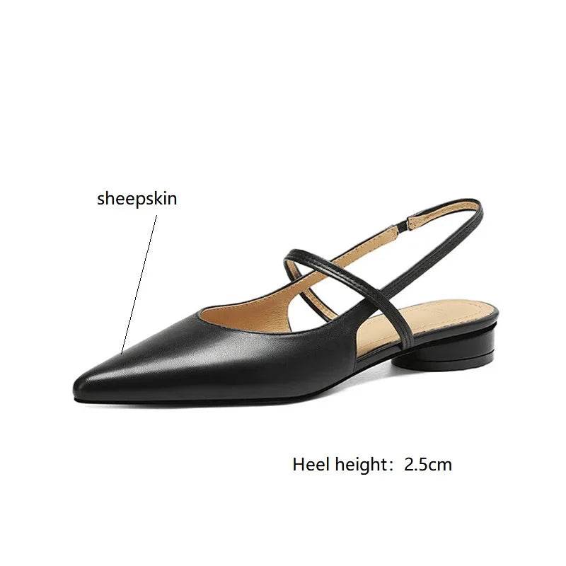 Summer Sandals Sheep Leather Women Shoes Pointed Toe Low Heel Women Pumps Genuine Leather Cover Toe Sandals for Women Handmade - AIAZ