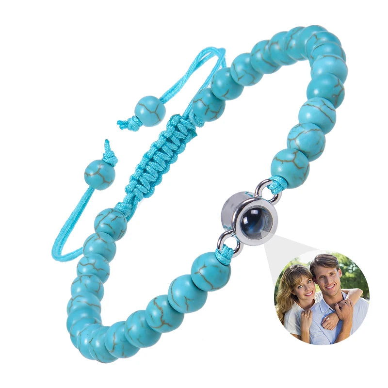 Natural Stone Beads Personalized Picture Bracelet Pink Zebra Stone Custom Photo Projection Bracelet Memorial Gifts for Women Men