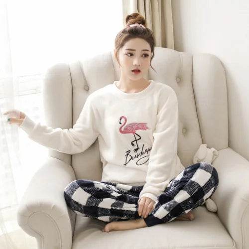 Women Pajamas Autumn Winter Flannel Warm Woman Sleepwear Korean cute Cartoon Pajama Set Fashion Pijama Mujer Home Cloth Pyjamas - AIAZ