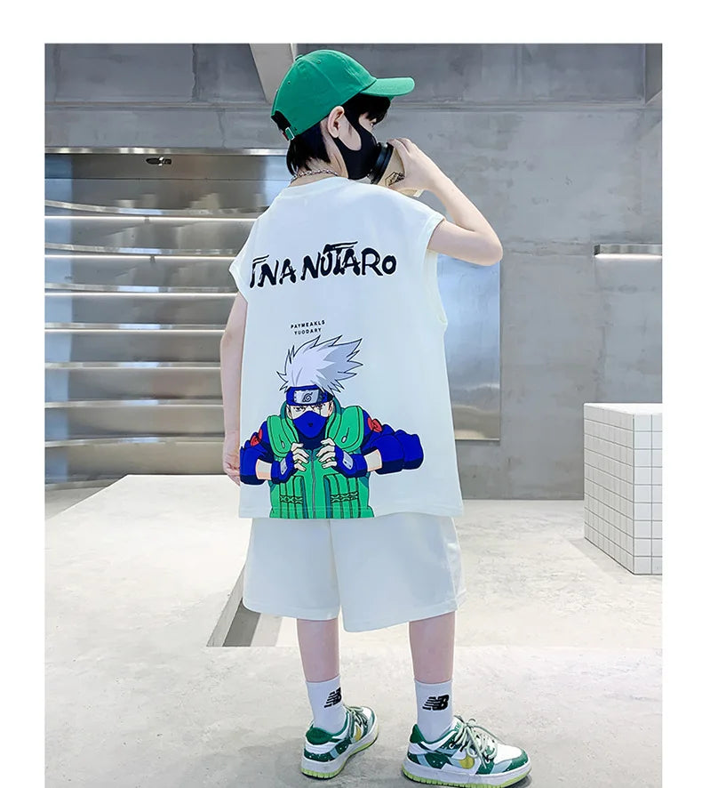 Summer Boys Cotton Sleeveless Cartoon T-Shirt Tops+Shorts Workout Sets School Kids 2PCS Tracksuit Children Jogging Outfit 5-16Yr
