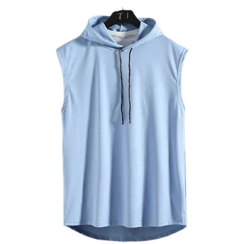 Men Tie Collar Hooded Sleeveless Vests Male Summer Loose Solid Hip Hop Tee Shirt Tops - AIAZ