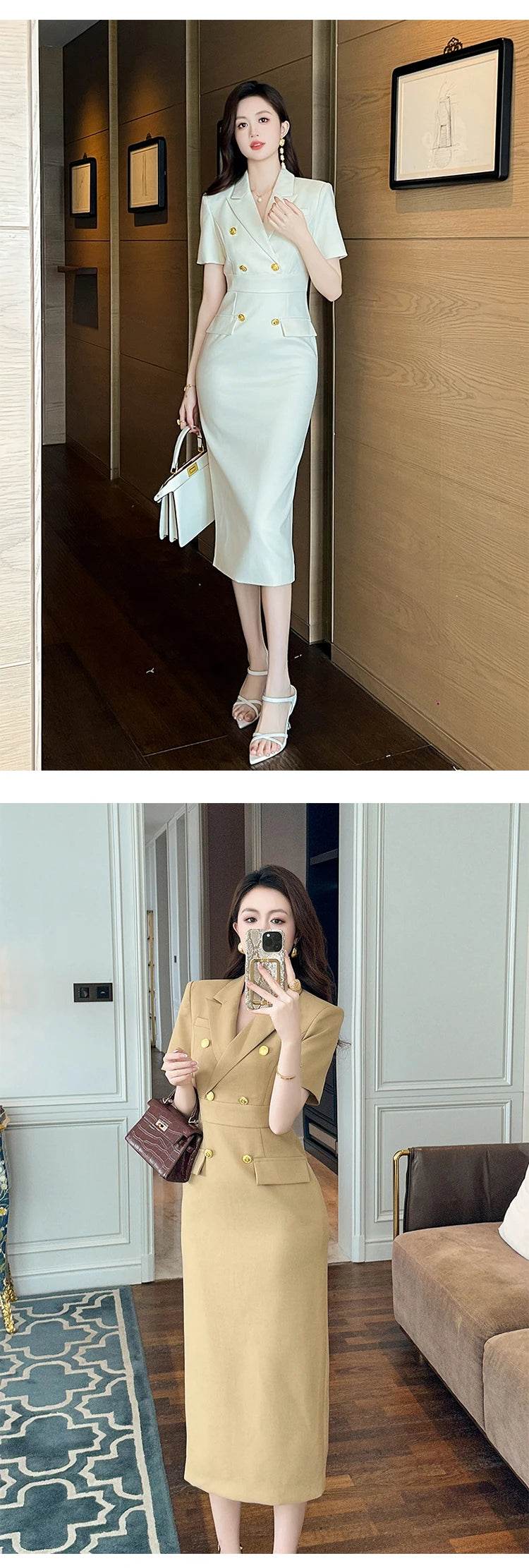 Fashion Elegant Business Dresses Women Clothes Sweet OL Professional Double Breasted Midi Robe Meeting Work Style Party Vestidos - AIAZ
