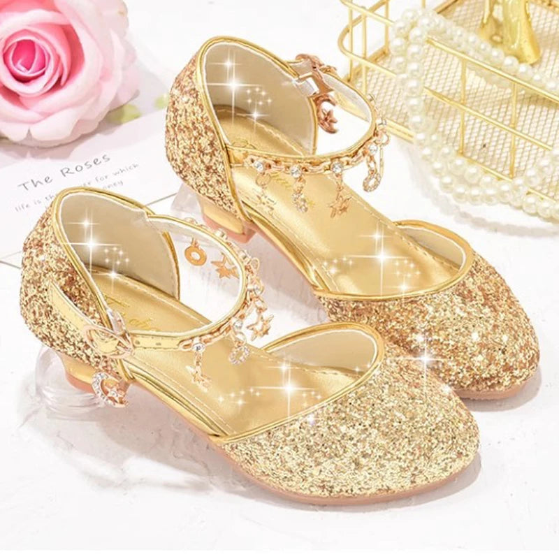 Heeled Dancing Shoes Due To Gold for Girls Glitter Shoes Heels Girls Princess Flowergirl Dresses Golden Girl Child Shoe for Wed