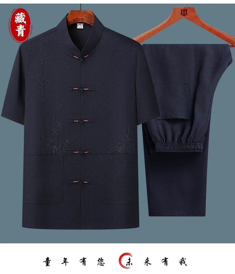 Men's sets (Shirt + trousers) 2025 summer new style men fashion shirt short sleeve shirt High quality shirts male Two Piece - AIAZ