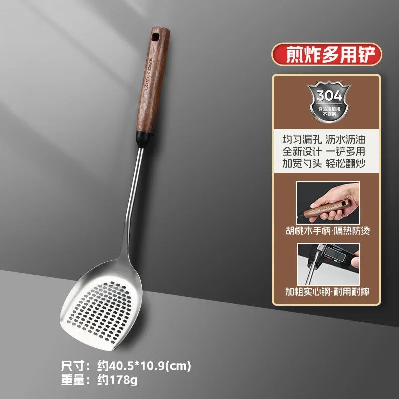 304 Stainless Steel Kitchenware Household Anti-scald Walnut Handle Cooking Spatula Set
