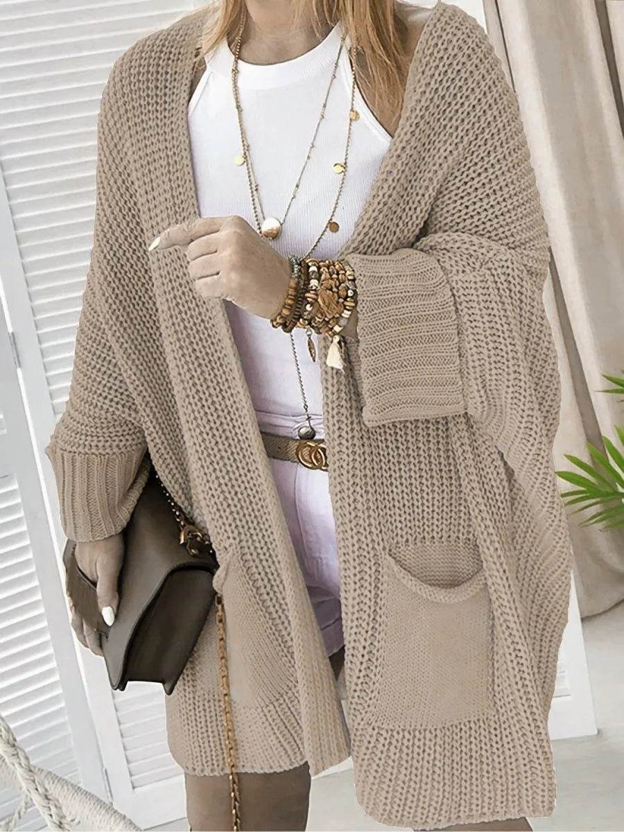 2025 New Knitted Long Cardigan for Women Autumn Casual Loose V-Neck Sweater Coats Ladies Elegant Solid Jumper Jacket with Pocket - AIAZ