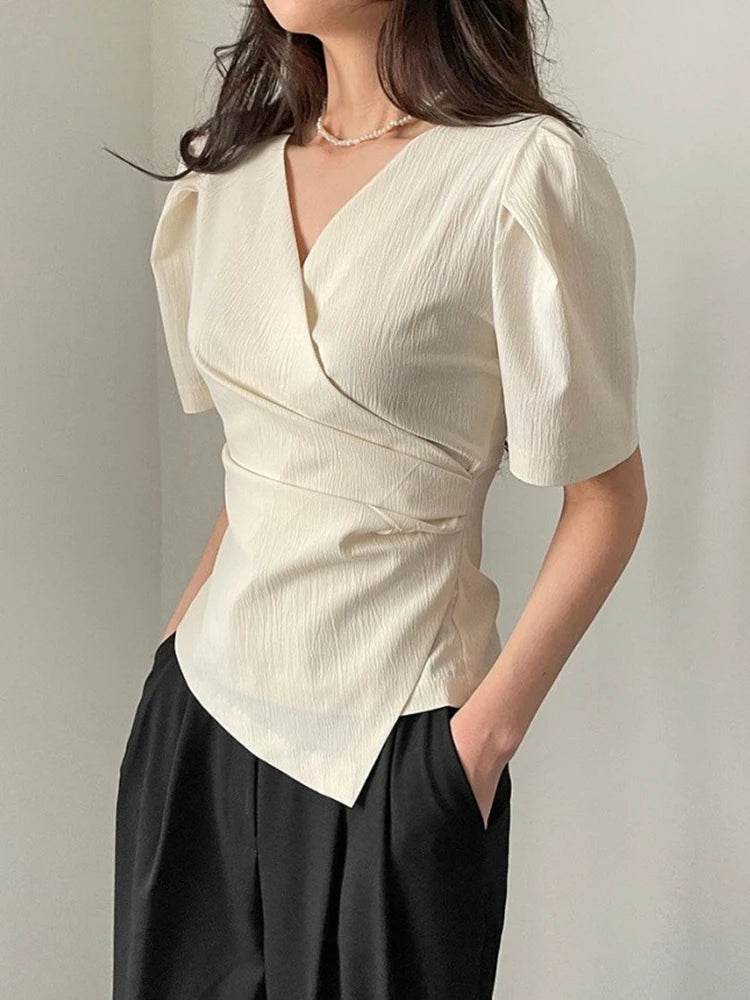 Women Blouse 2025 Spring Summer Solid Tucked V Neck Slim Blouse Elegant Short Sleeve Asymmetrical Top For Women Hot Sale - AIAZ