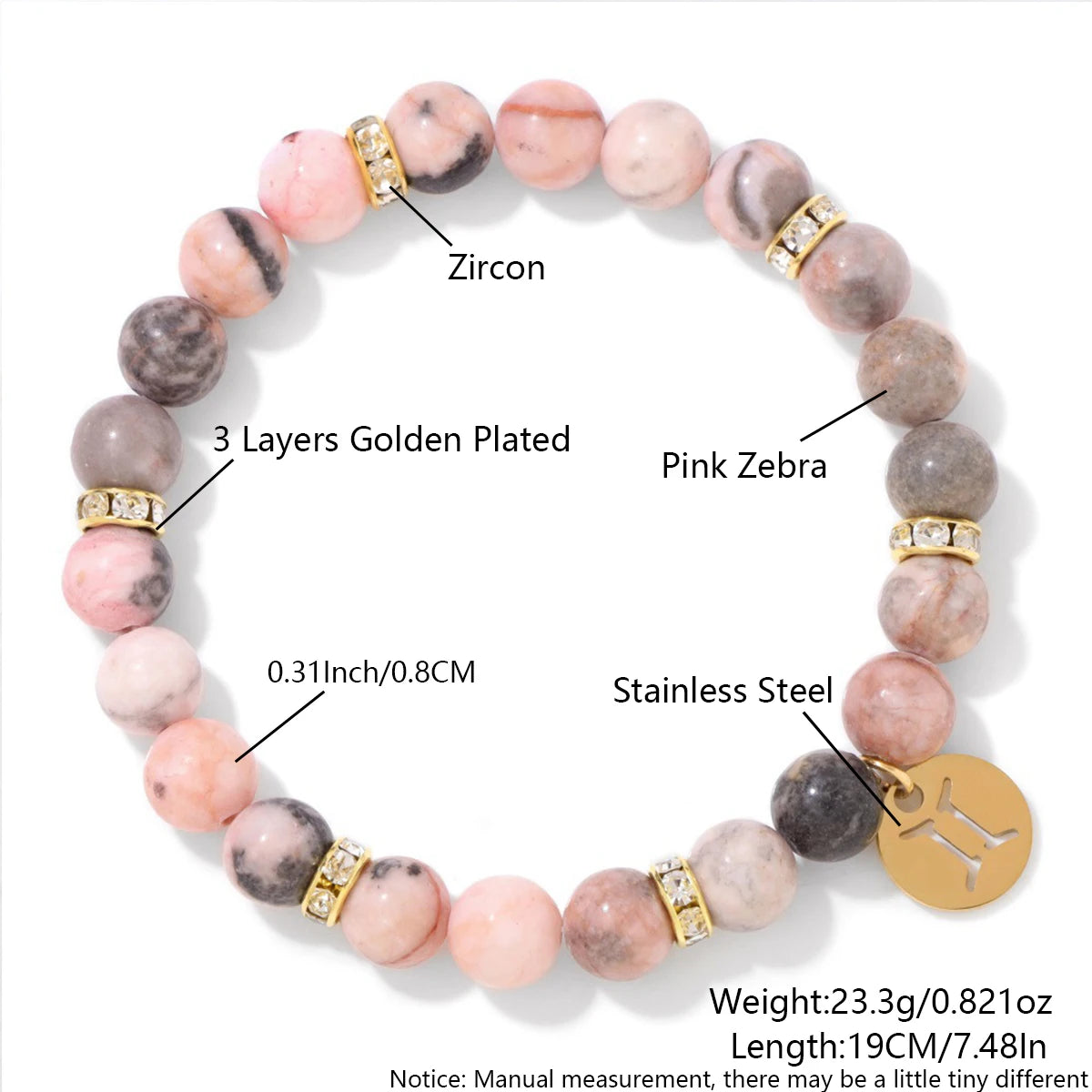 MHS.SUN 12 Star Zodiac Sign Pink Zebra Stone Beaded Bracelets Constellation Fashion Birthday Party Jewelry For Women Men